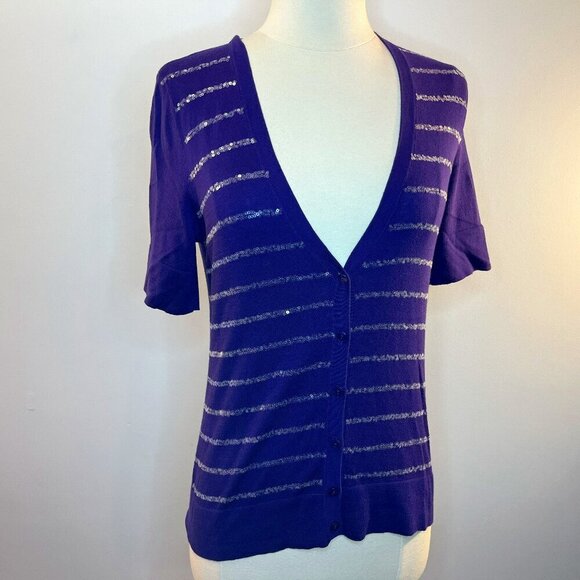 ANN TAYLOR LOFT Women's Purple Sequin Striped Cardigan Sweater - Size XS - NWT - Picture 1 of 3
